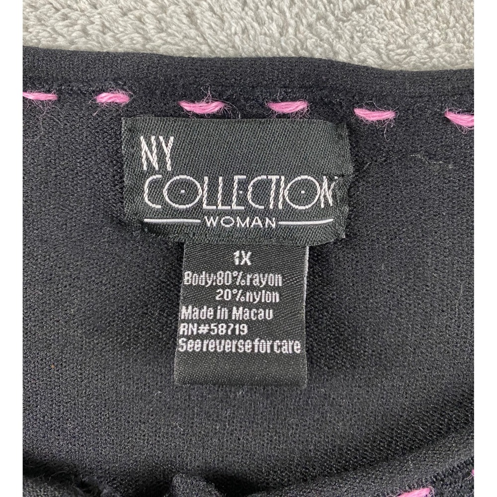 NY Collection Woman Black Floral Applique Cardigan Sweater‎ Pink Stitching 1X - Picture 3 of 10